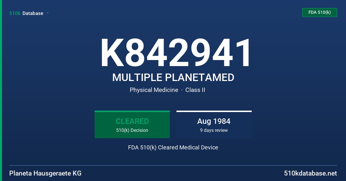 K842941 MULTIPLE PLANETAMED FDA 510(k) Cleared Medical Device