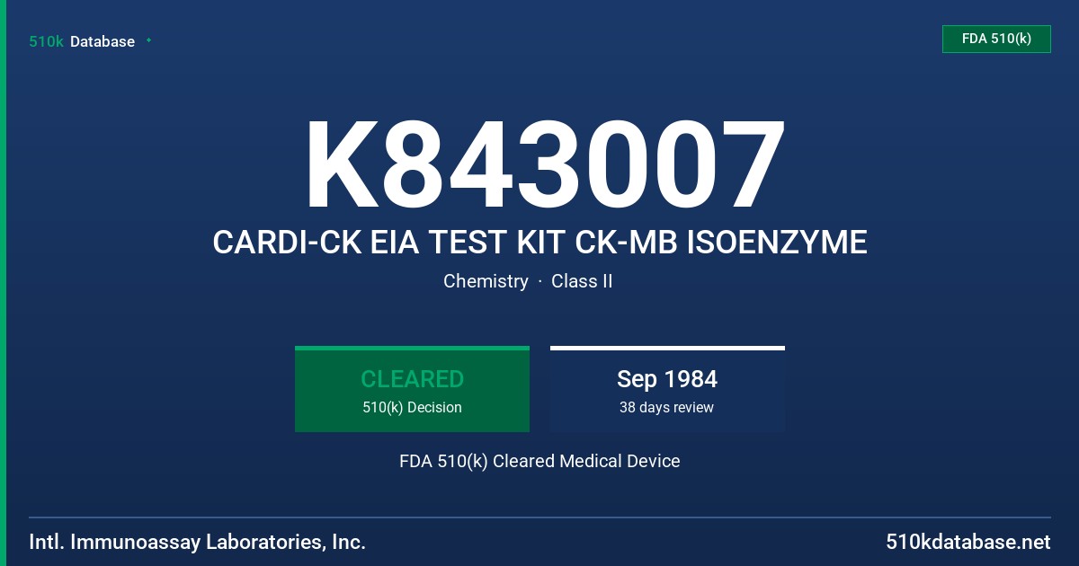 K843007 CARDI-CK EIA TEST KIT CK-MB ISOENZYME FDA 510(k) Cleared Medical Device