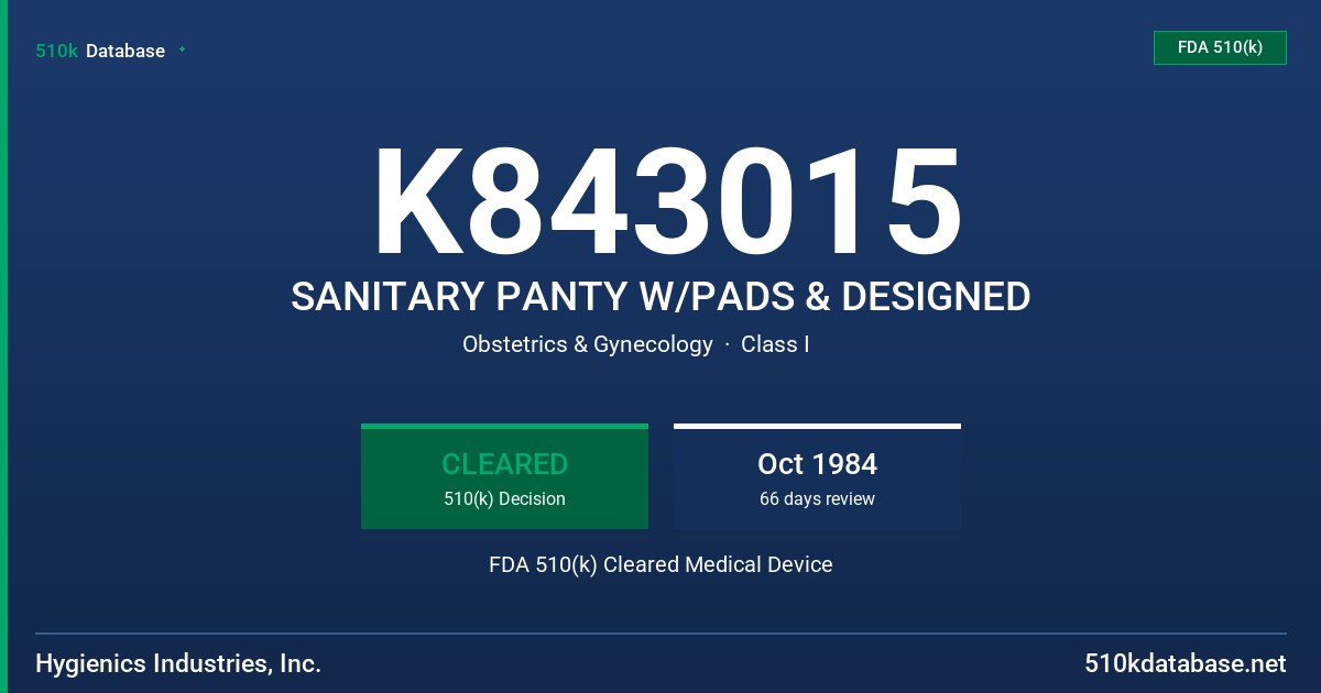 K843015 SANITARY PANTY W/PADS & DESIGNED FDA 510(k) Cleared Medical Device