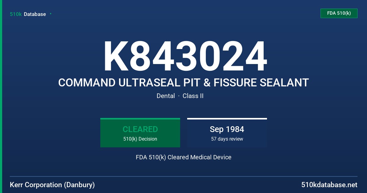 K843024 COMMAND ULTRASEAL PIT & FISSURE SEALANT FDA 510(k) Cleared Medical Device