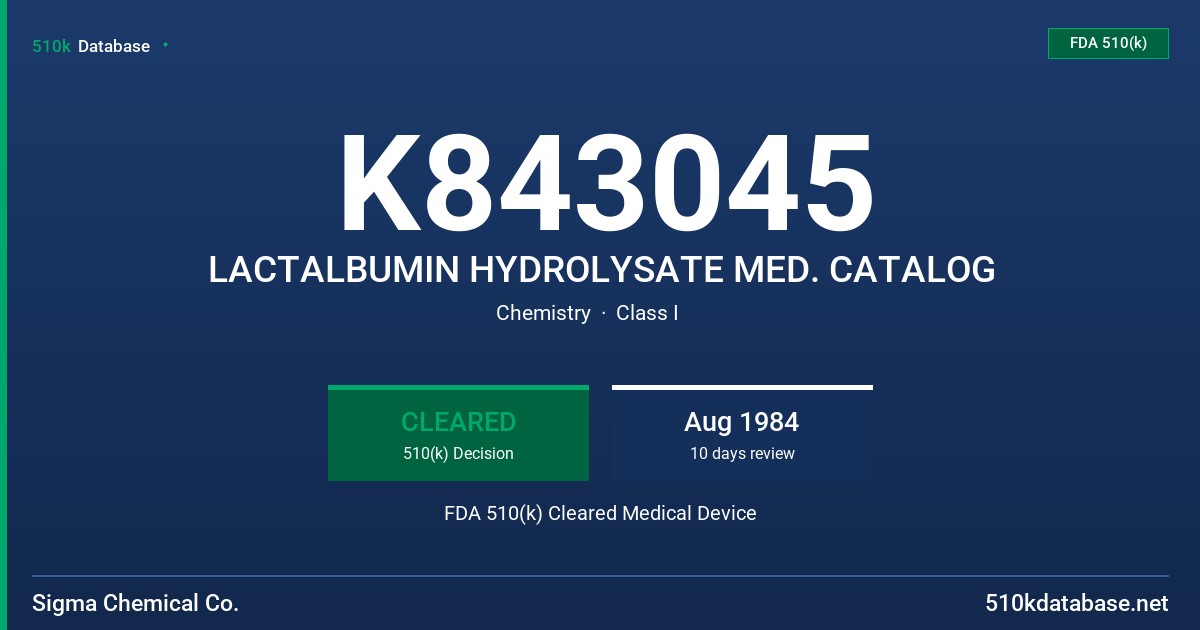 K843045 LACTALBUMIN HYDROLYSATE MED. CATALOG FDA 510(k) Cleared Medical Device