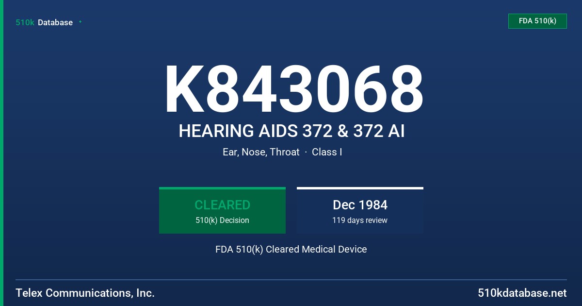 K843068 HEARING AIDS 372 & 372 AI FDA 510(k) Cleared Medical Device