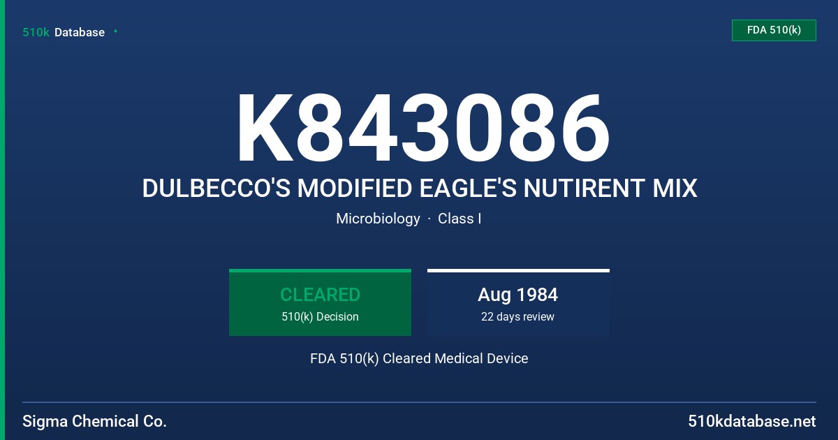 K843086 DULBECCO'S MODIFIED EAGLE'S NUTIRENT MIX FDA 510(k) Cleared Medical Device