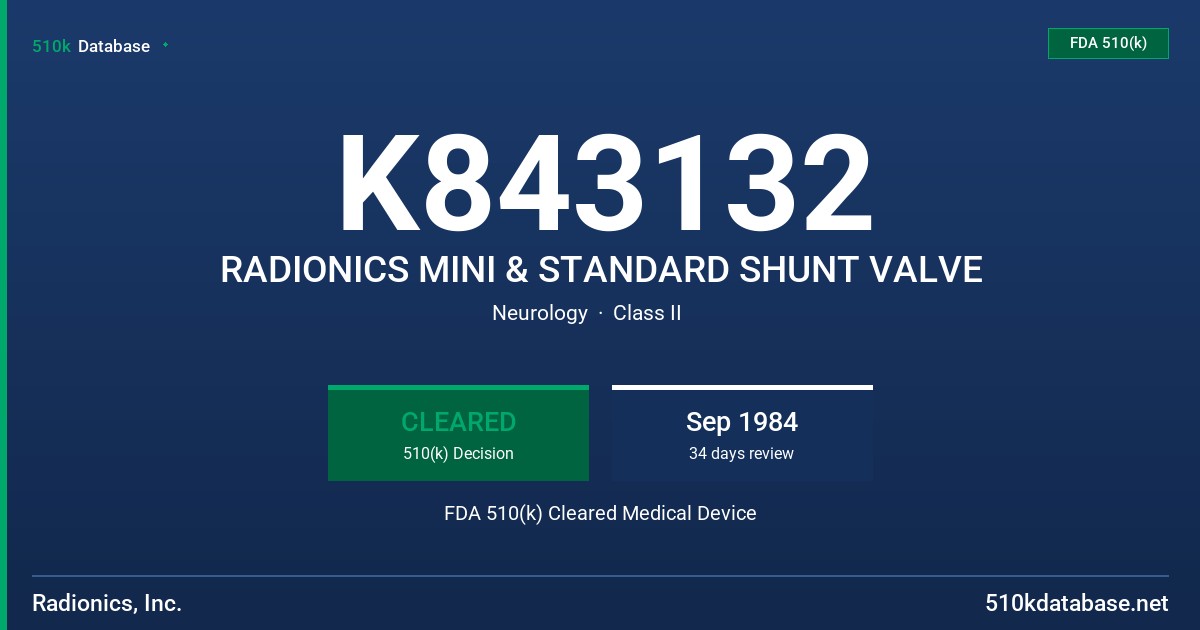 K843132 RADIONICS MINI & STANDARD SHUNT VALVE FDA 510(k) Cleared Medical Device