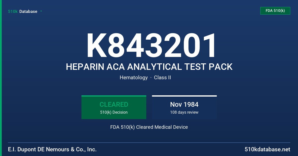 K843201 HEPARIN ACA ANALYTICAL TEST PACK FDA 510(k) Cleared Medical Device