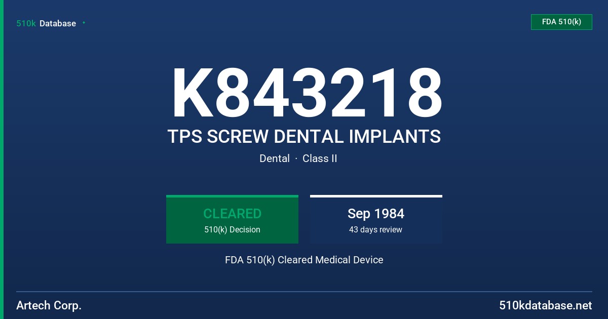 K843218 TPS SCREW DENTAL IMPLANTS FDA 510(k) Cleared Medical Device