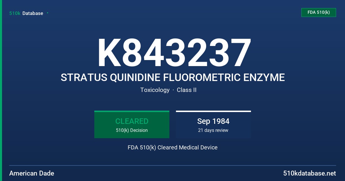 K843237 STRATUS QUINIDINE FLUOROMETRIC ENZYME FDA 510(k) Cleared Medical Device