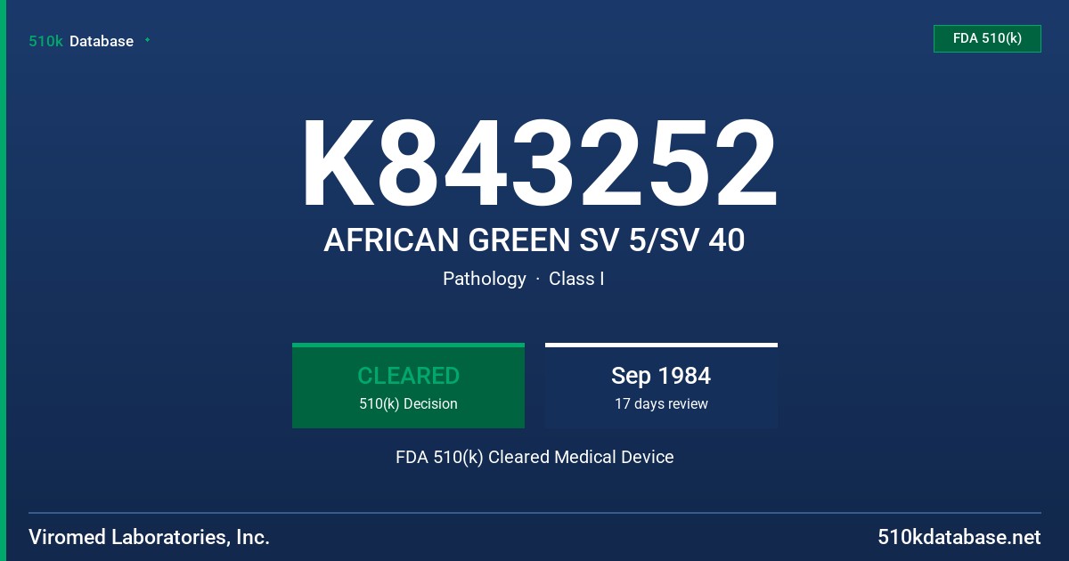 K843252 AFRICAN GREEN SV 5/SV 40 FDA 510(k) Cleared Medical Device