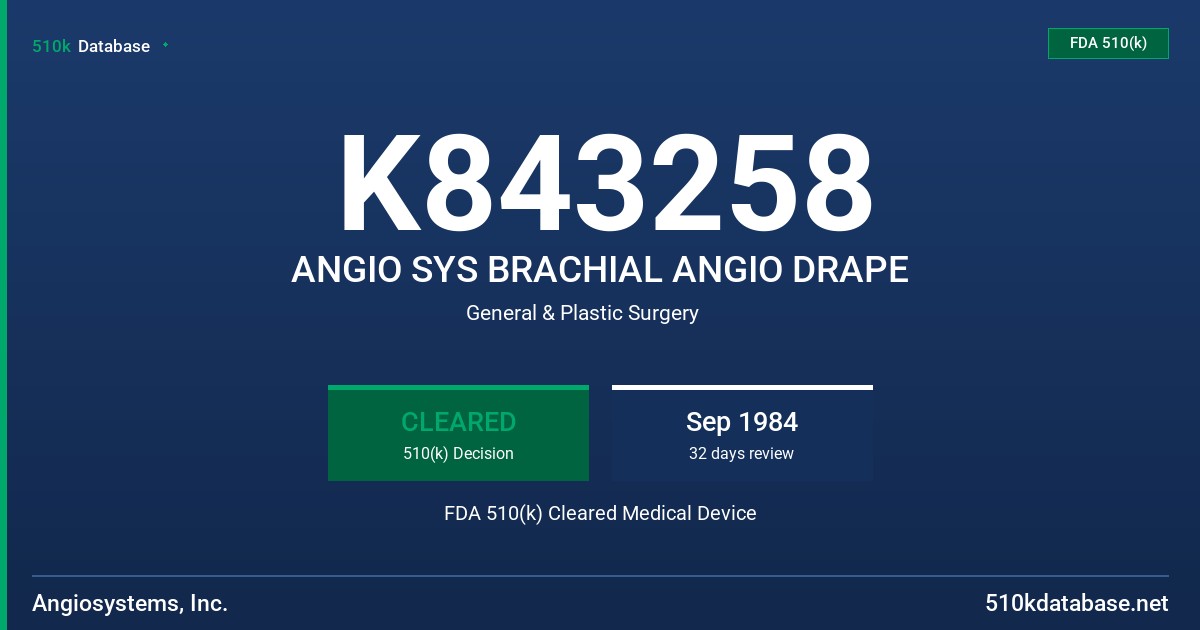 K843258 ANGIO SYS BRACHIAL ANGIO DRAPE FDA 510(k) Cleared Medical Device