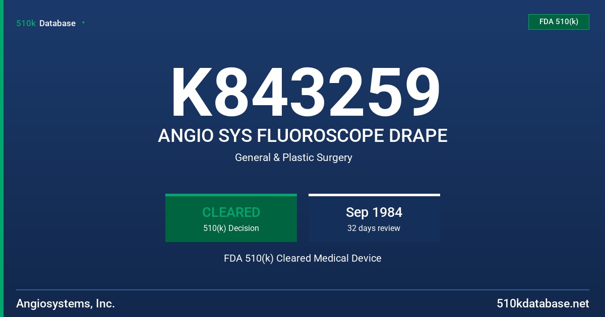 K843259 ANGIO SYS FLUOROSCOPE DRAPE FDA 510(k) Cleared Medical Device