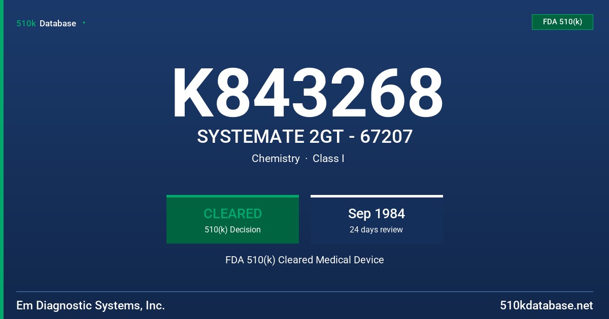 K843268 SYSTEMATE 2GT - 67207 FDA 510(k) Cleared Medical Device