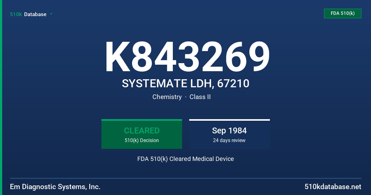 K843269 SYSTEMATE LDH, 67210 FDA 510(k) Cleared Medical Device