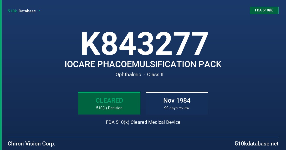 K843277 IOCARE PHACOEMULSIFICATION PACK FDA 510(k) Cleared Medical Device