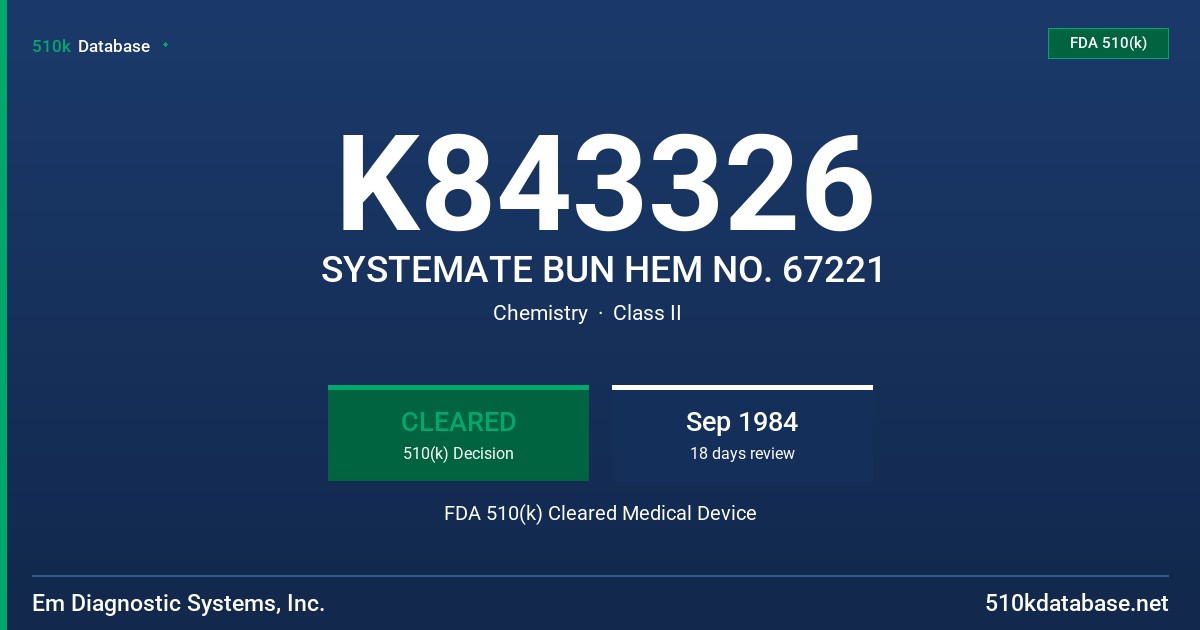K843326 SYSTEMATE BUN HEM NO. 67221 FDA 510(k) Cleared Medical Device