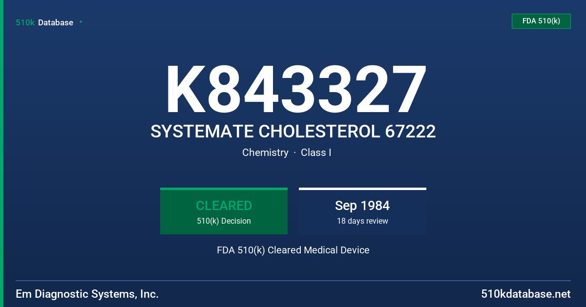 K843327 SYSTEMATE CHOLESTEROL 67222 FDA 510(k) Cleared Medical Device