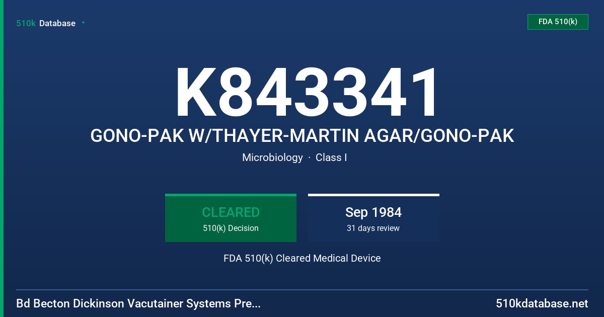 K843341 GONO-PAK W/THAYER-MARTIN AGAR/GONO-PAK FDA 510(k) Cleared Medical Device
