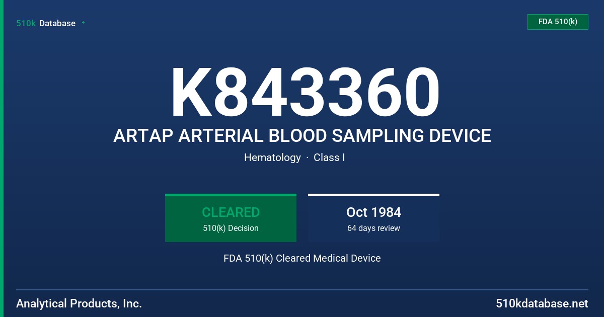 K843360 ARTAP ARTERIAL BLOOD SAMPLING DEVICE FDA 510(k) Cleared Medical Device