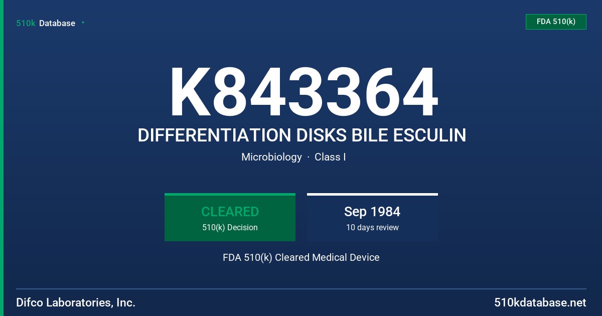 K843364 DIFFERENTIATION DISKS BILE ESCULIN FDA 510(k) Cleared Medical Device