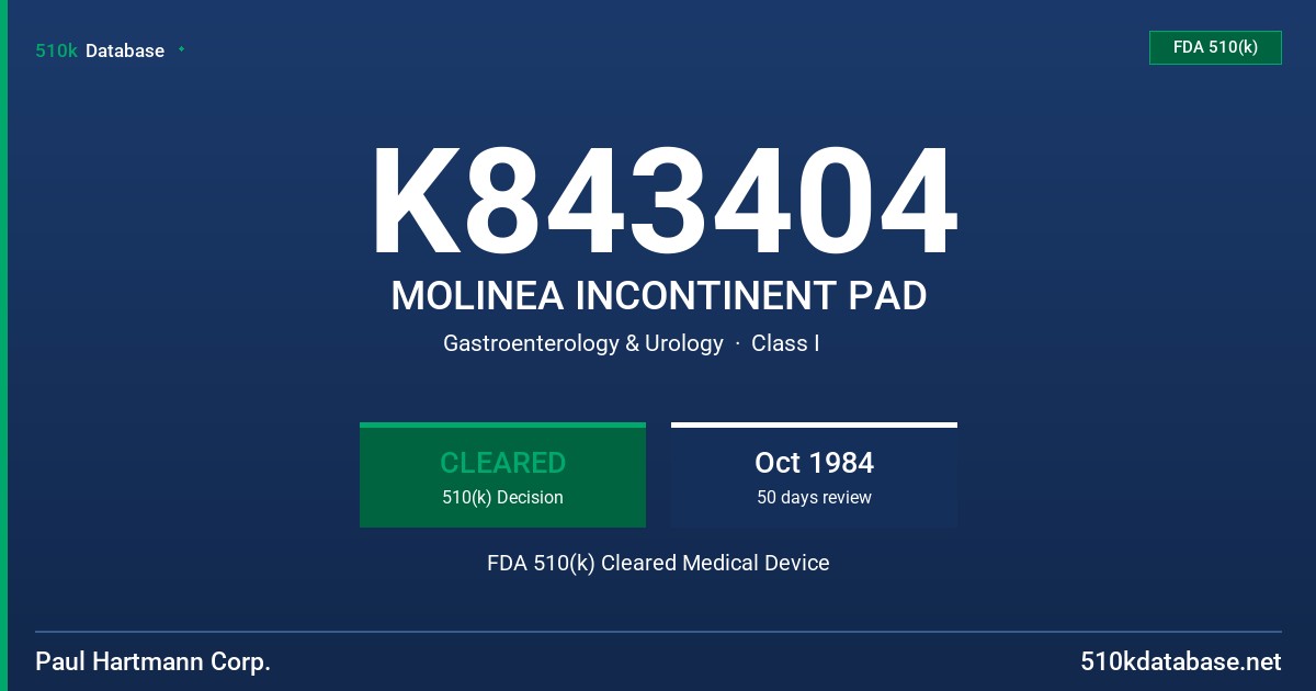 K843404 MOLINEA INCONTINENT PAD FDA 510(k) Cleared Medical Device