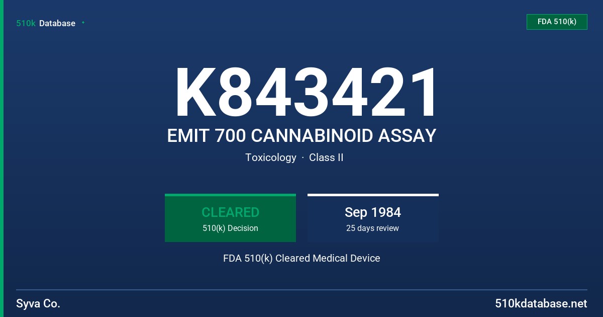 K843421 EMIT 700 CANNABINOID ASSAY FDA 510(k) Cleared Medical Device