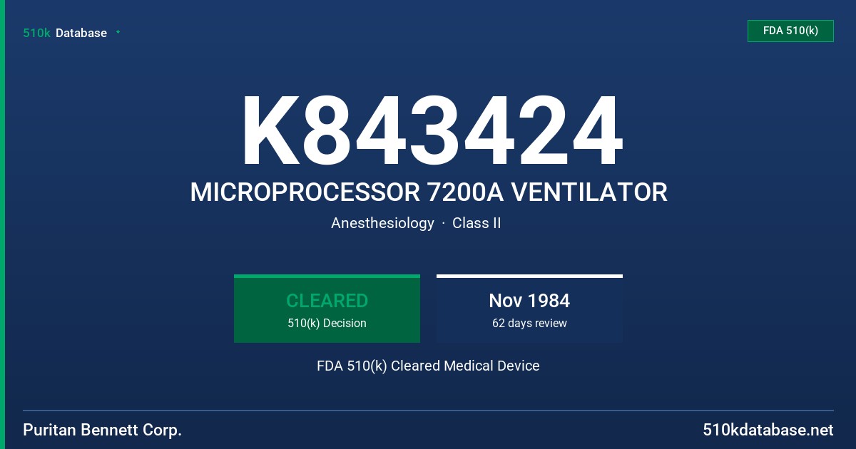 K843424 MICROPROCESSOR 7200A VENTILATOR FDA 510(k) Cleared Medical Device