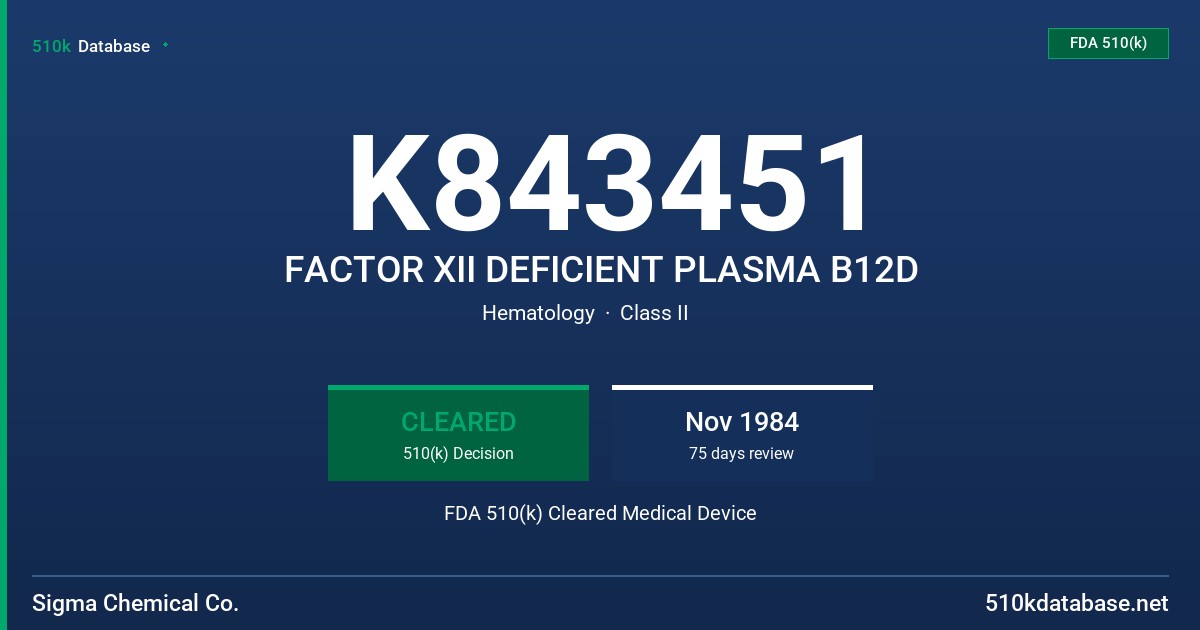 K843451 FACTOR XII DEFICIENT PLASMA B12D FDA 510(k) Cleared Medical Device