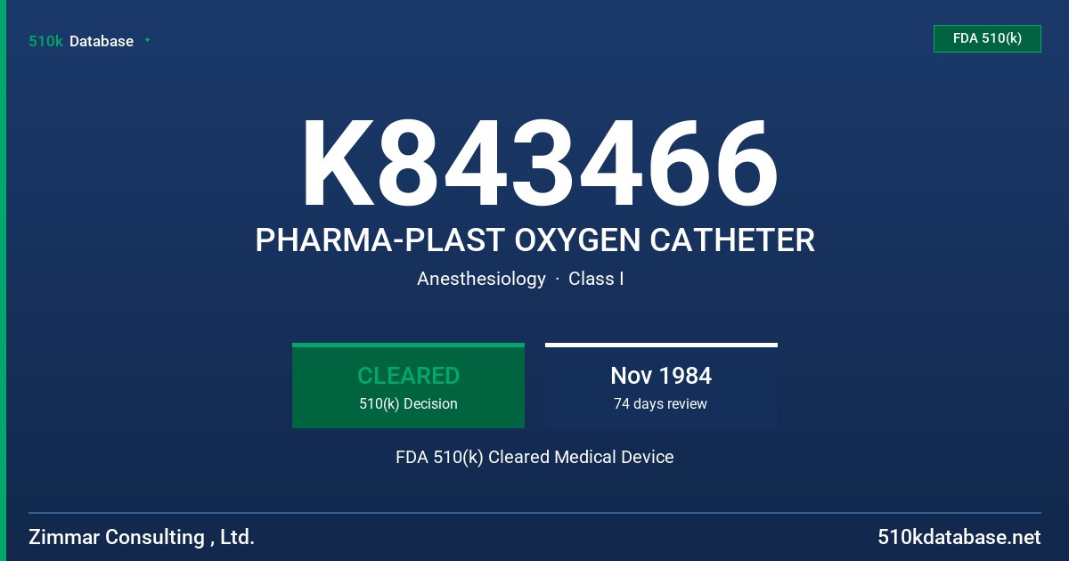 K843466 PHARMA-PLAST OXYGEN CATHETER FDA 510(k) Cleared Medical Device