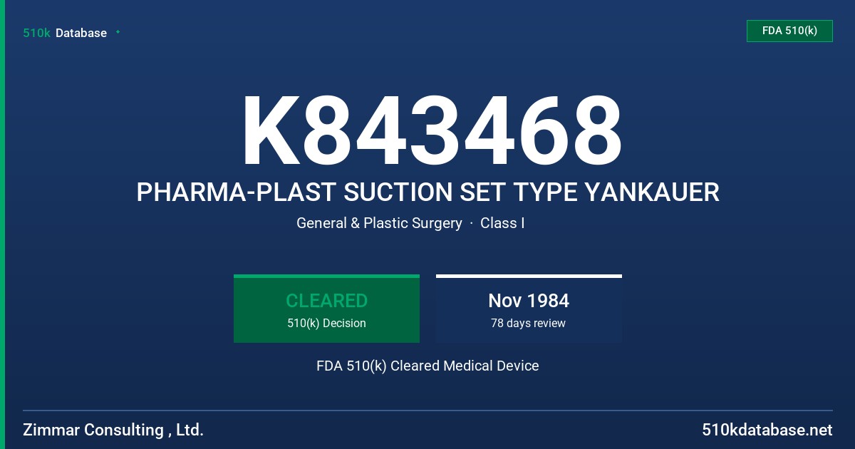 K843468 PHARMA-PLAST SUCTION SET TYPE YANKAUER FDA 510(k) Cleared Medical Device