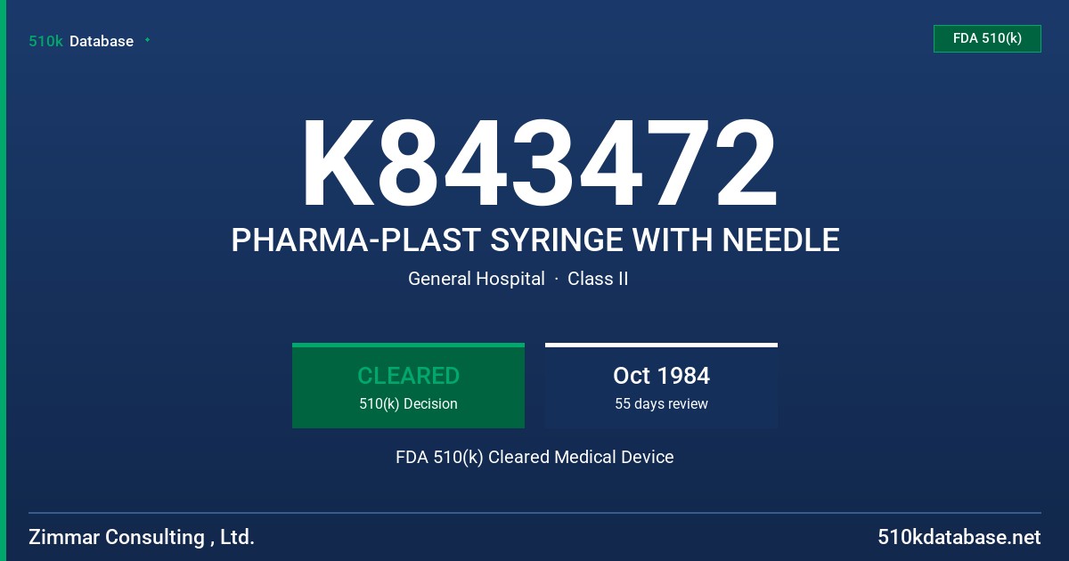 K843472 PHARMA-PLAST SYRINGE WITH NEEDLE FDA 510(k) Cleared Medical Device