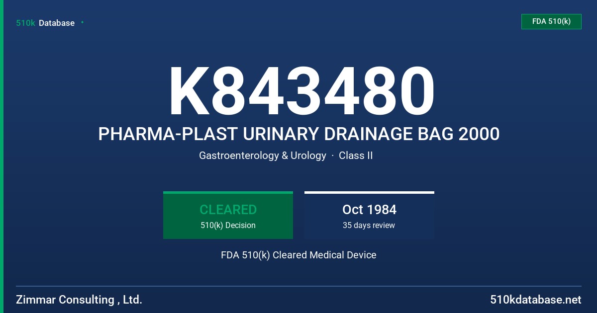K843480 PHARMA-PLAST URINARY DRAINAGE BAG 2000 FDA 510(k) Cleared Medical Device