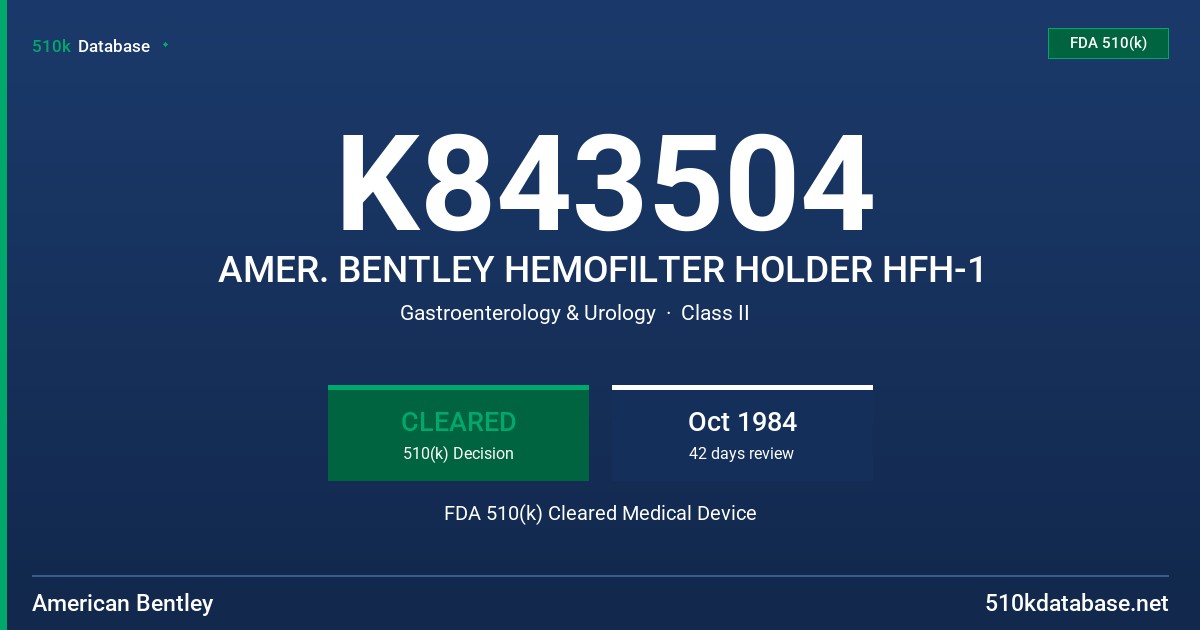K843504 AMER. BENTLEY HEMOFILTER HOLDER HFH-1 FDA 510(k) Cleared Medical Device