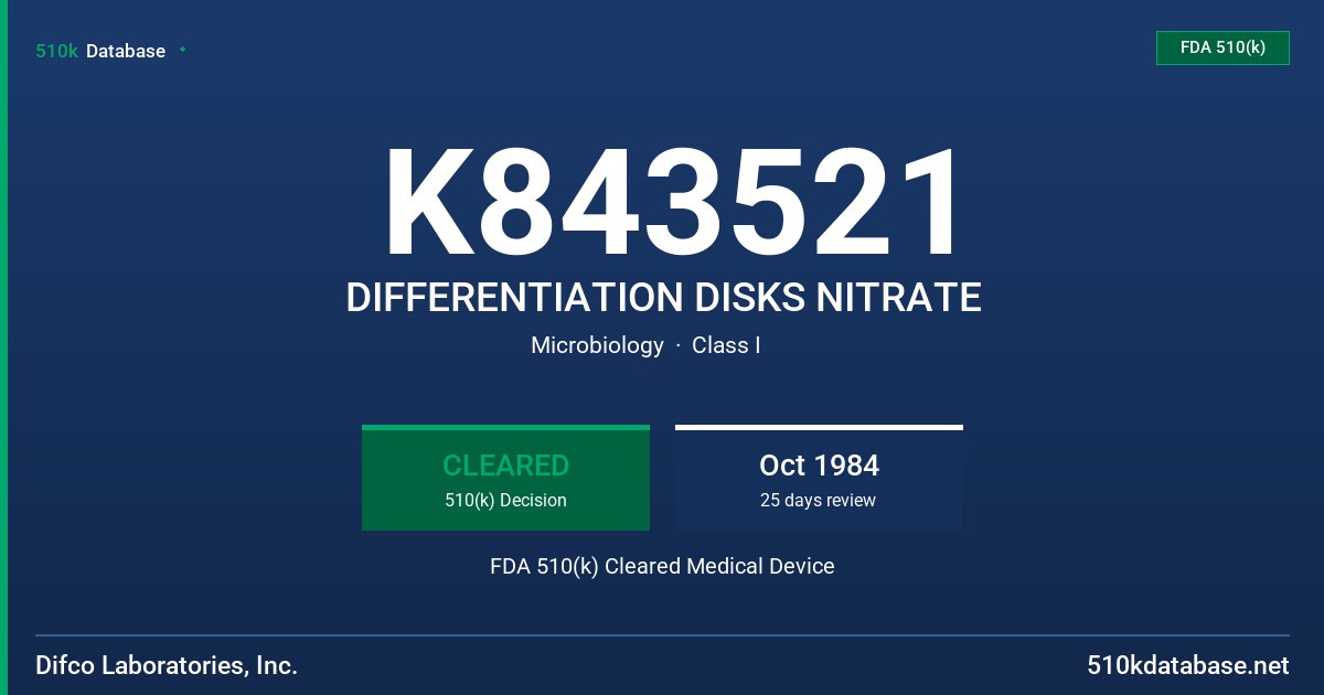 K843521 DIFFERENTIATION DISKS NITRATE FDA 510(k) Cleared Medical Device