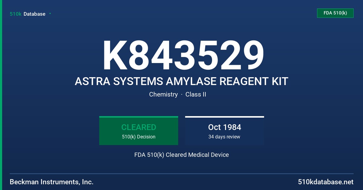 K843529 ASTRA SYSTEMS AMYLASE REAGENT KIT FDA 510(k) Cleared Medical Device