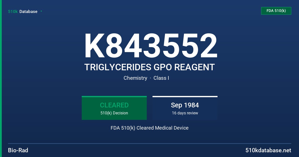 K843552 TRIGLYCERIDES GPO REAGENT FDA 510(k) Cleared Medical Device