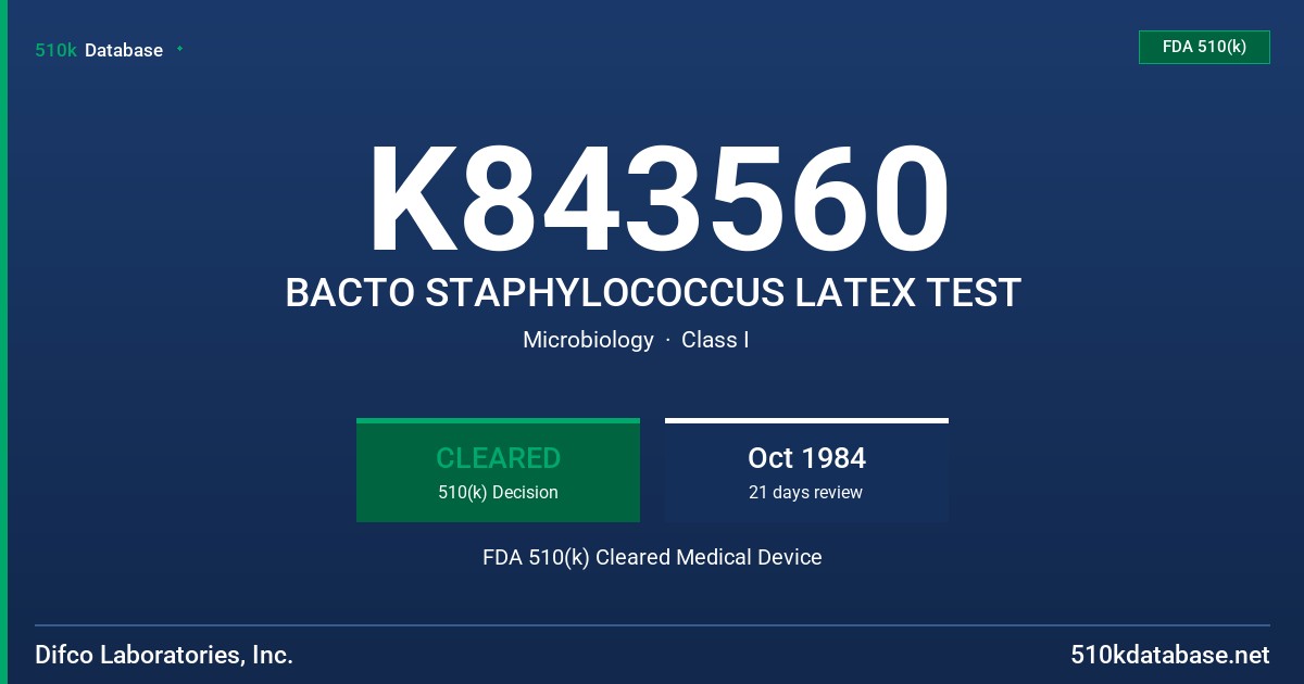 K843560 BACTO STAPHYLOCOCCUS LATEX TEST FDA 510(k) Cleared Medical Device