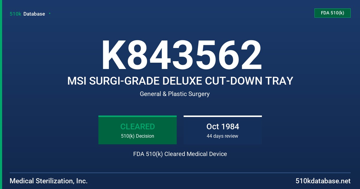 K843562 MSI SURGI-GRADE DELUXE CUT-DOWN TRAY FDA 510(k) Cleared Medical Device