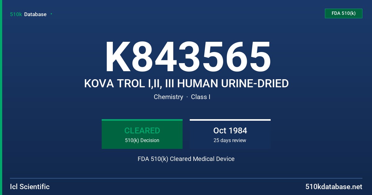 K843565 KOVA TROL I,II, III HUMAN URINE-DRIED FDA 510(k) Cleared Medical Device