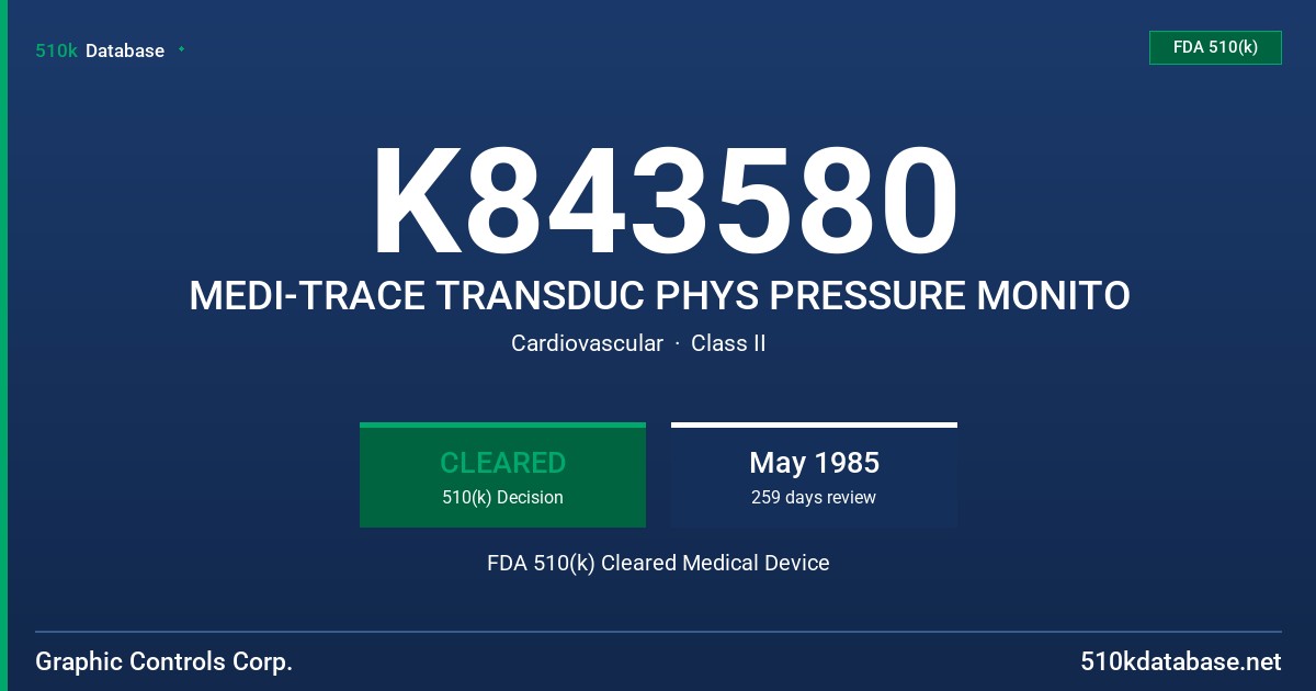 K843580 MEDI-TRACE TRANSDUC PHYS PRESSURE MONITO FDA 510(k) Cleared Medical Device