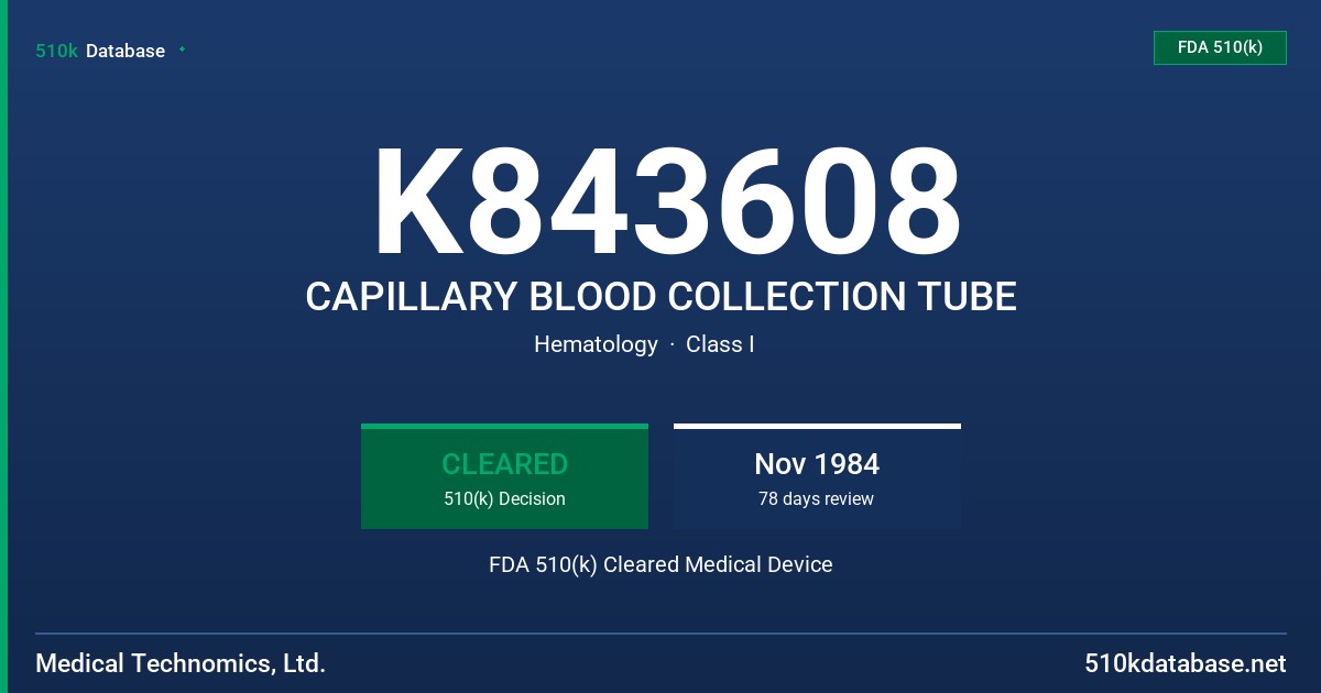 K843608 CAPILLARY BLOOD COLLECTION TUBE FDA 510(k) Cleared Medical Device