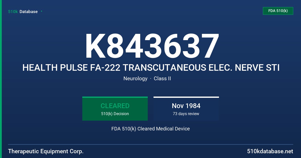 K843637 HEALTH PULSE FA-222 TRANSCUTANEOUS ELEC. NERVE STI FDA 510(k) Cleared Medical Device