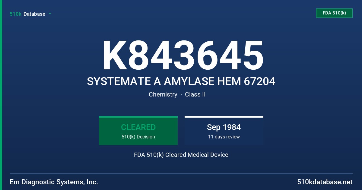K843645 SYSTEMATE A AMYLASE HEM 67204 FDA 510(k) Cleared Medical Device