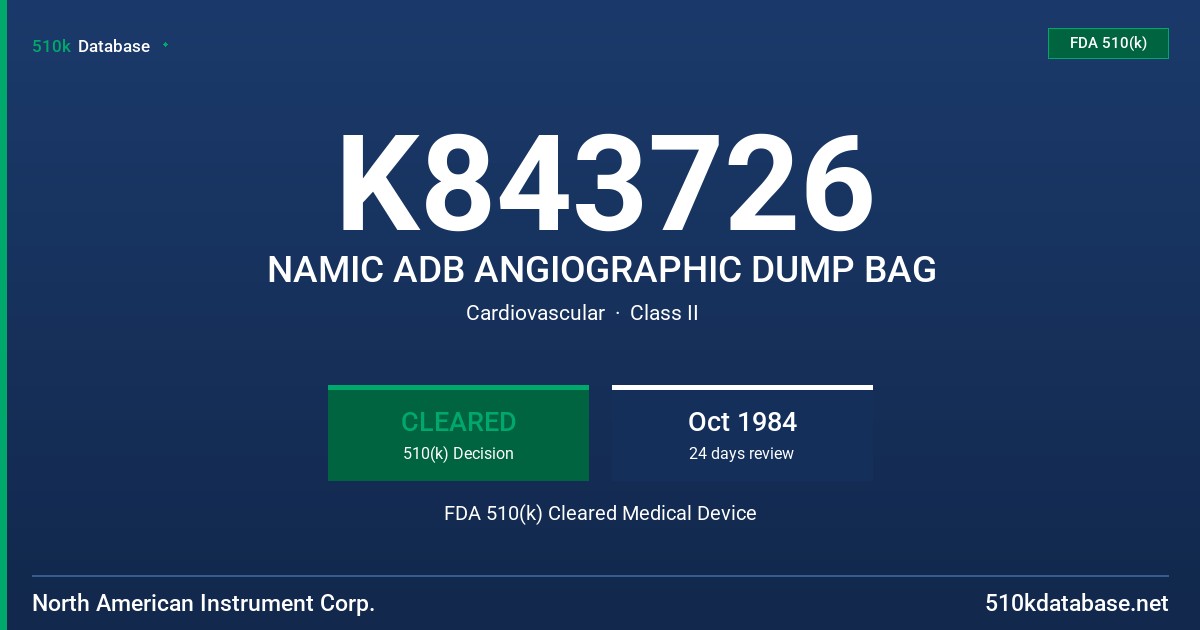 K843726 NAMIC ADB ANGIOGRAPHIC DUMP BAG FDA 510(k) Cleared Medical Device