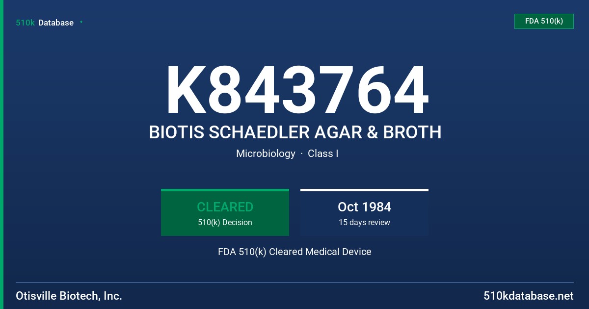 K843764 BIOTIS SCHAEDLER AGAR & BROTH FDA 510(k) Cleared Medical Device