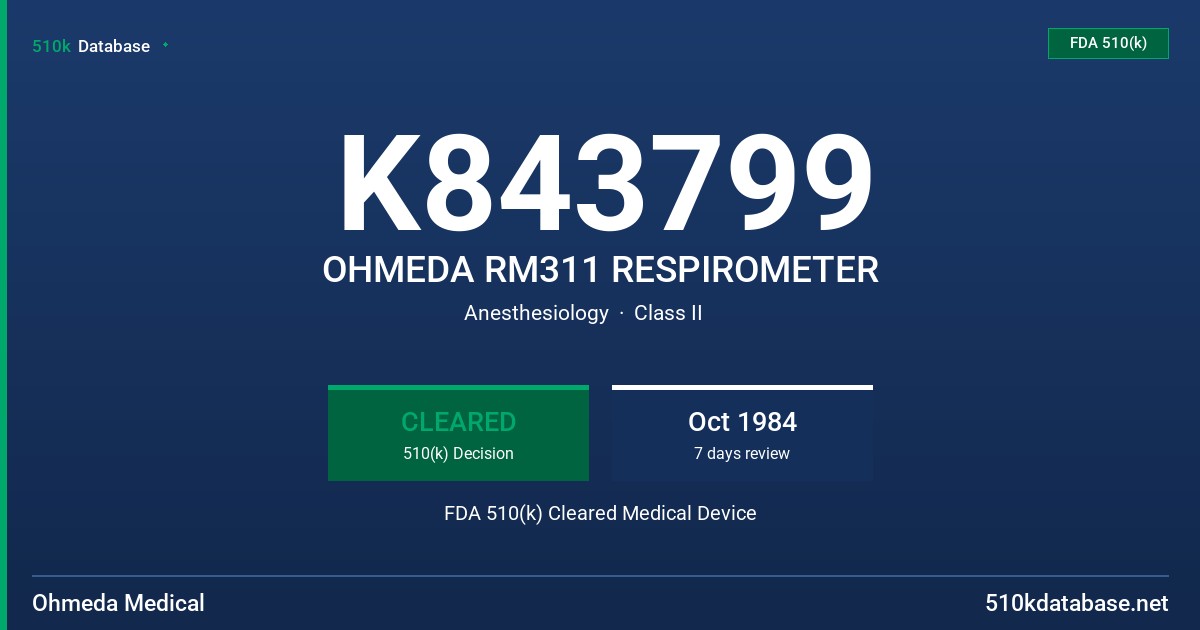 K843799 OHMEDA RM311 RESPIROMETER FDA 510(k) Cleared Medical Device