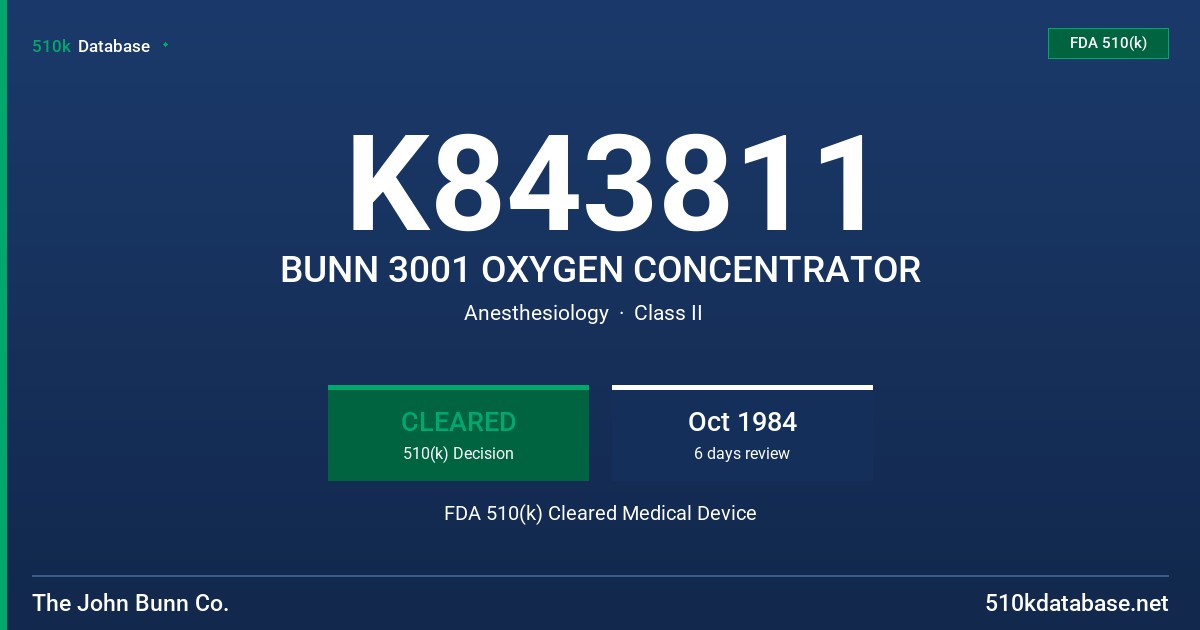 K843811 BUNN 3001 OXYGEN CONCENTRATOR FDA 510(k) Cleared Medical Device