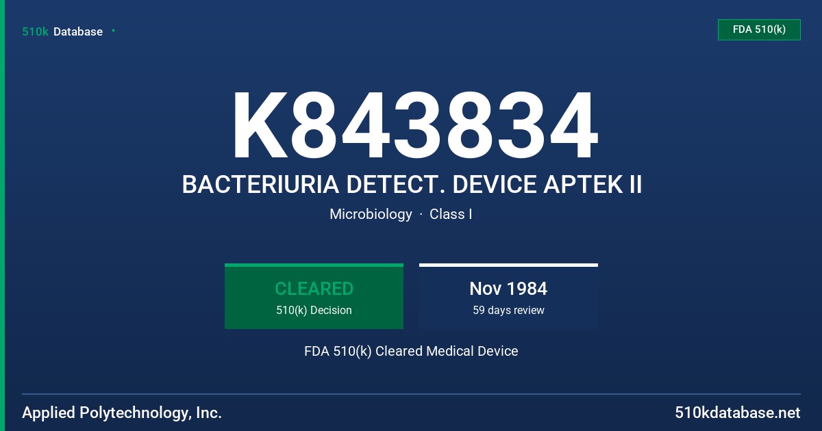 K843834 BACTERIURIA DETECT. DEVICE APTEK II FDA 510(k) Cleared Medical Device