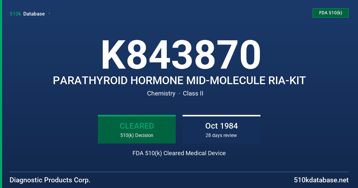 K843870 PARATHYROID HORMONE MID-MOLECULE RIA-KIT FDA 510(k) Cleared Medical Device