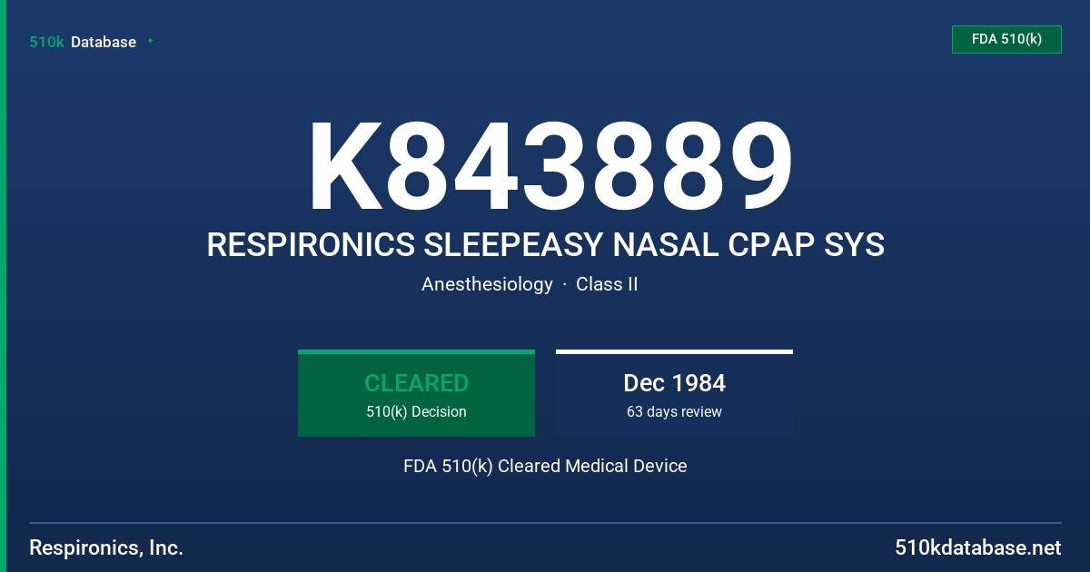 K843889 RESPIRONICS SLEEPEASY NASAL CPAP SYS FDA 510(k) Cleared Medical Device