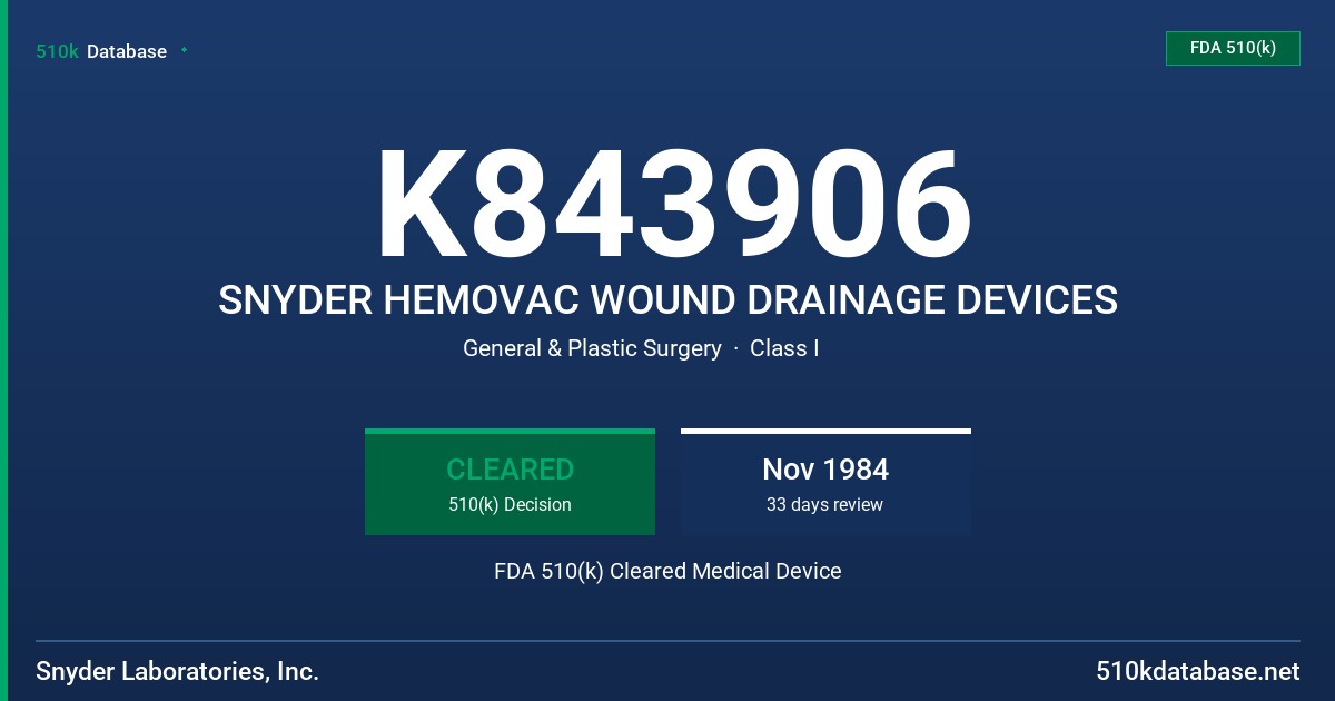 K843906 SNYDER HEMOVAC WOUND DRAINAGE DEVICES FDA 510(k) Cleared Medical Device