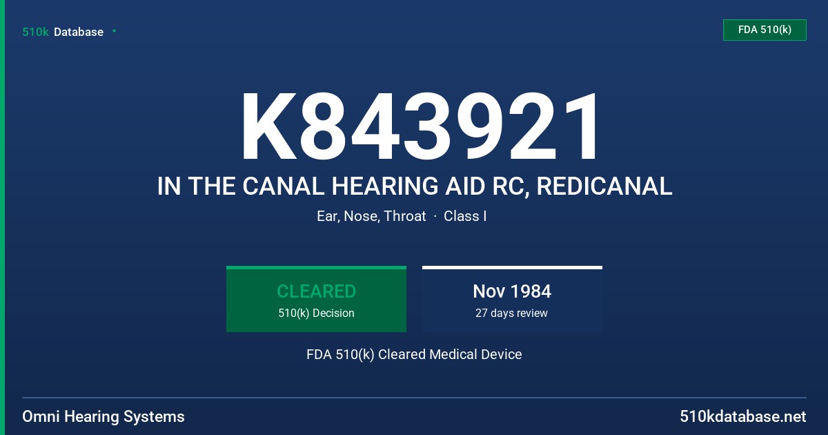 K843921 IN THE CANAL HEARING AID RC, REDICANAL FDA 510(k) Cleared Medical Device